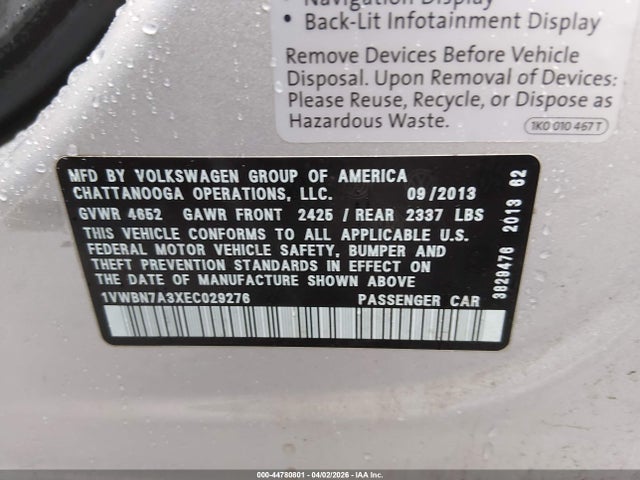 Продаж на аукціоні авто 2014 Volkswagen Passat 2.0l Tdi Se, vin: 1VWBN7A3XEC029276, номер лоту: 44780801
