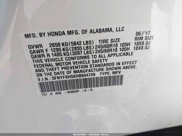 5FNYF6H5XHB044749 Honda Pilot Ex-l