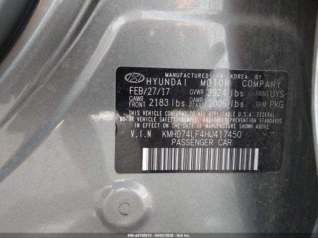 KMHD74LF4HU417450 Hyundai ELANTRA SE