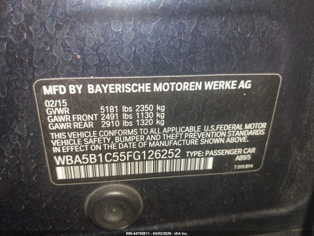 2015 Bmw 535i მანქანა იყიდება აუქციონზე, vin: WBA5B1C55FG126252, აუქციონის ნომერი: 44780811