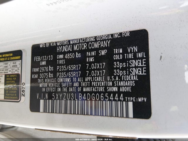 2013 Hyundai Santa Fe Sport მანქანა იყიდება აუქციონზე, vin: 5XYZU3LB4DG065444, აუქციონის ნომერი: 44780818