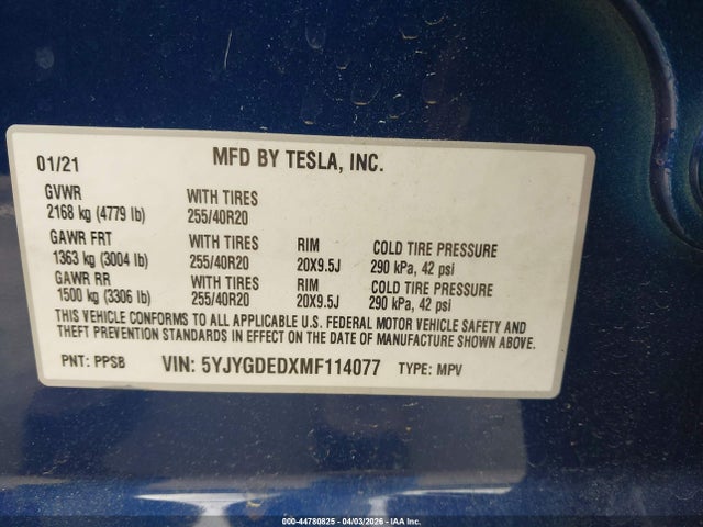 5YJYGDEDXMF114077 Tesla Model Y Standard Range Rear-wheel Drive