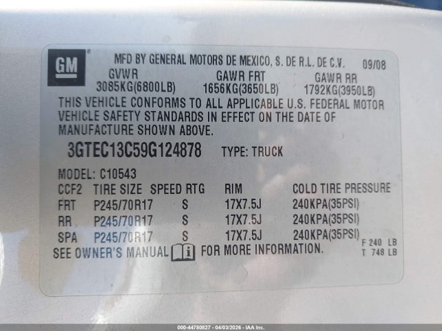 Продаж на аукціоні авто 2009 Gmc Sierra 1500 Sl, vin: 3GTEC13C59G124878, номер лоту: 44780827