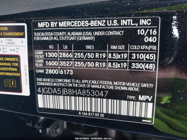 44780832 :رقم المزاد ، 4JGDA5JB8HA853047 vin ، 2017 Mercedes-benz Gle 350 مزاد بيع