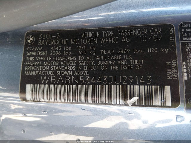 2003 Bmw 330ci მანქანა იყიდება აუქციონზე, vin: WBABN53443JU29143, აუქციონის ნომერი: 44780848