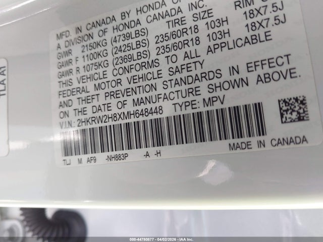 2HKRW2H8XMH648448 Honda Cr-v Awd Ex-l