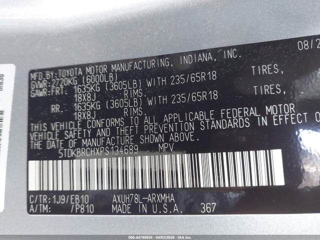 5TDKBRCHXPS134689 Toyota Highlander Hybrid Xle