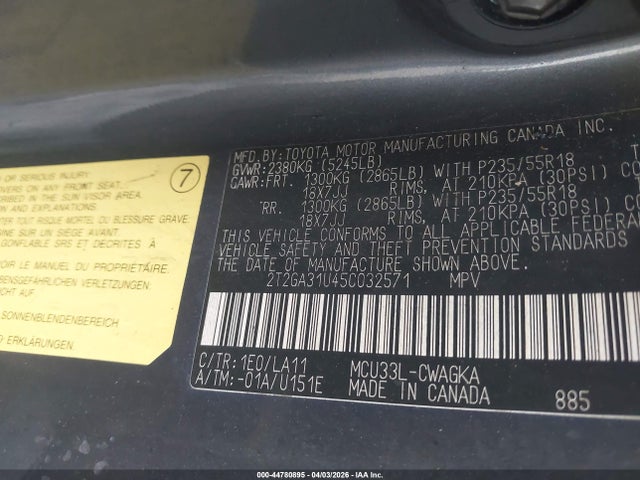 44780895 :رقم المزاد ، 2T2GA31U45C032571 vin ، 2005 Lexus Rx 330 مزاد بيع