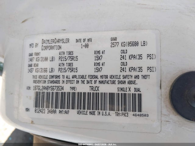 Продажа на аукционе авто 2000 Dodge Dakota Slt/sport, vin: 1B7GL2AN8YS673534, номер лота: 44780901