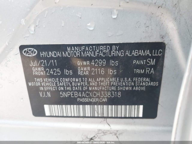 Aukcja sprzedaży 2012 Hyundai Sonata Gls, vin: 5NPEB4ACXCH338318, numer aukcji: 44780913