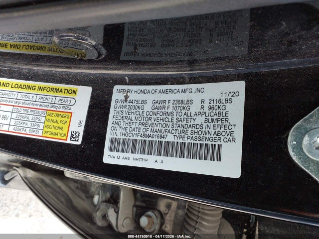 44780918 :رقم المزاد ، 1HGCV1F48MA016947 vin ، 2021 Honda Accord Sport Special Edition مزاد بيع