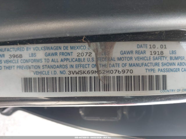 44780919 :رقم المزاد ، 3VWSK69M52M076970 vin ، 2002 Volkswagen Jetta Gls مزاد بيع