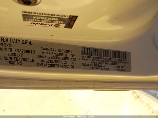 44780928 :رقم المزاد ، ZFBHRFAB9M6U08465 vin ، 2021 Ram Promaster City Tradesman مزاد بيع