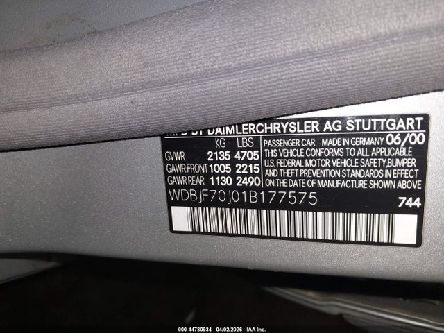 44780934 :رقم المزاد ، WDBJF70J01B177575 vin ، 2001 Mercedes-benz E 430 مزاد بيع