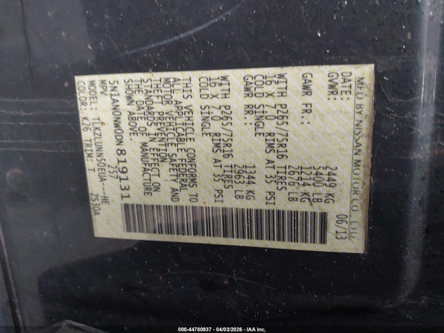 44780937 :رقم المزاد ، 5N1AN0NW0DN819131 vin ، 2013 Nissan Xterra Pro-4x مزاد بيع