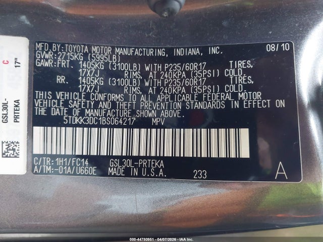 Продажа на аукционе авто 2011 Toyota Sienna Le V6/le V6 Auto Access Seat, vin: 5TDKK3DC1BS064217, номер лота: 44780951