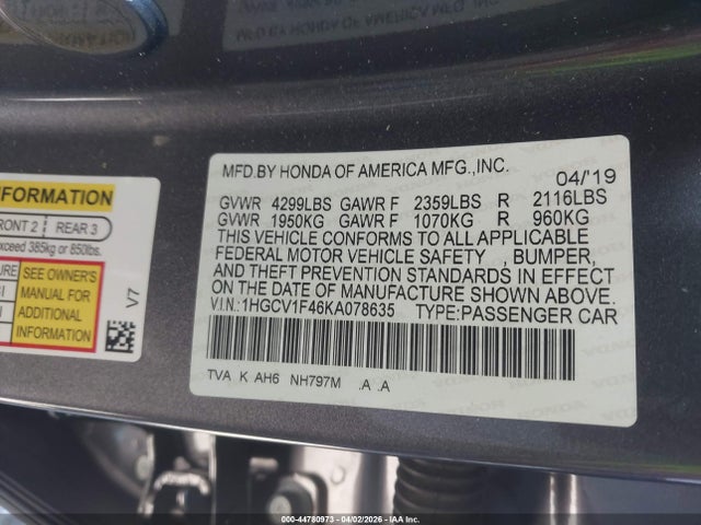 Honda ACCORD EX 2019 1HGCV1F46KA078635 Image 9