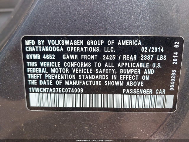 2014 Volkswagen Passat 2.0l Tdi Sel Premium მანქანა იყიდება აუქციონზე, vin: 1VWCN7A37EC074003, აუქციონის ნომერი: 44780977