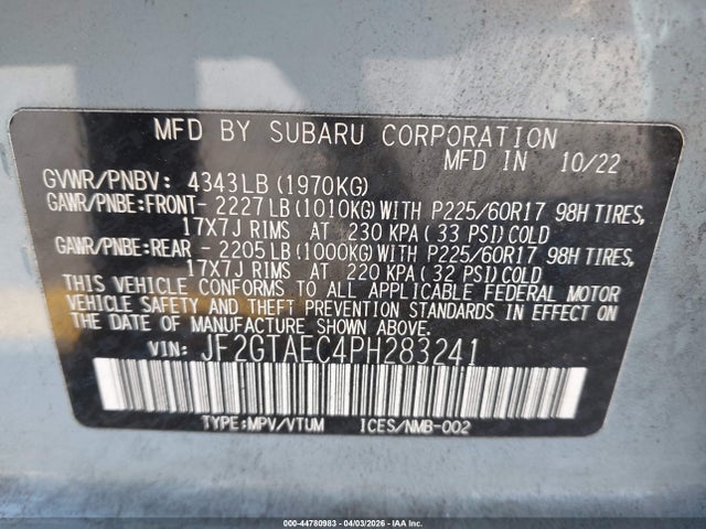 Aukcja sprzedaży 2023 Subaru Crosstrek Premium, vin: JF2GTAEC4PH283241, numer aukcji: 44780983