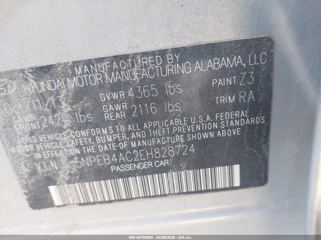 2014 Hyundai Sonata Gls მანქანა იყიდება აუქციონზე, vin: 5NPEB4AC2EH828724, აუქციონის ნომერი: 44780985