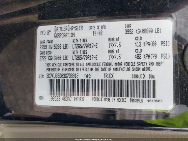 Продажа на аукционе авто 2003 Dodge Ram 2500 Slt/laramie/st, vin: 3D7KU28D03G738919, номер лота: 44780989