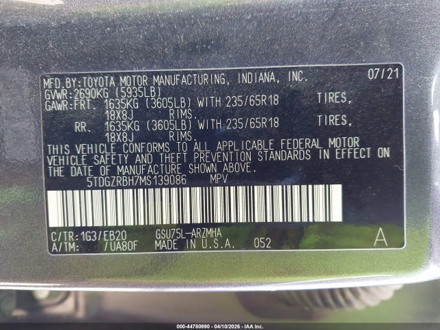 2021 TOYOTA HIGHLANDER 5TDGZRBH7MS139086 Photo 8