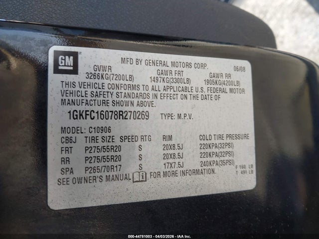 Aukcja sprzedaży 2008 Gmc Yukon Xl 1500 Slt, vin: 1GKFC16078R270269, numer aukcji: 44781003