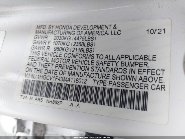 44781025 :رقم المزاد ، 1HGCV1F43MA118012 vin ، 2021 Honda Accord Sport Special Edition مزاد بيع