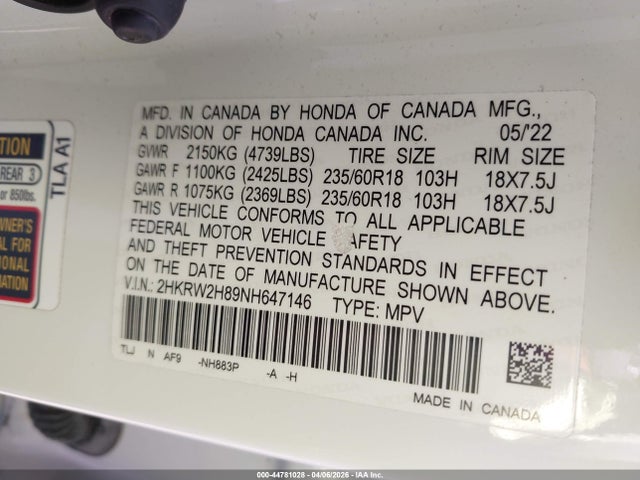 2HKRW2H89NH647146 Honda Cr-v Awd Ex-l