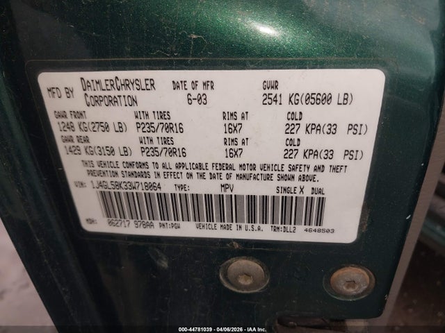 Продажа на аукционе авто 2003 Jeep Liberty Limited Edition, vin: 1J4GL58K33W718064, номер лота: 44781039
