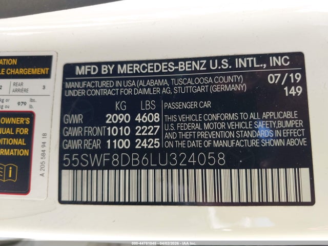 Aukcja sprzedaży 2020 Mercedes-benz C 300, vin: 55SWF8DB6LU324058, numer aukcji: 44781045