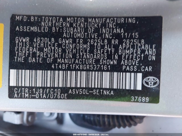 Продаж на аукціоні авто 2016 Toyota Camry Le, vin: 4T4BF1FK8GR537161, номер лоту: 44781048
