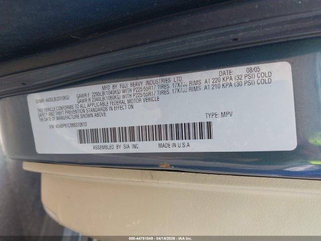 Продажа на аукционе авто 2006 Subaru Outback 2.5i, vin: 4S4BP61C666310610, номер лота: 44781049