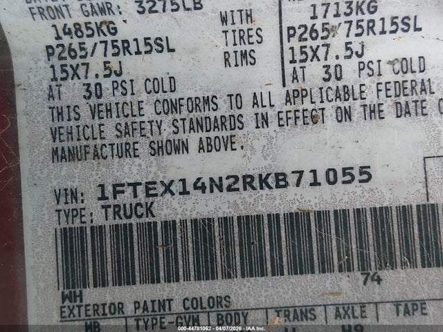 Aukcja sprzedaży 1994 Ford F150, vin: 1FTEX14N2RKB71055, numer aukcji: 44781062