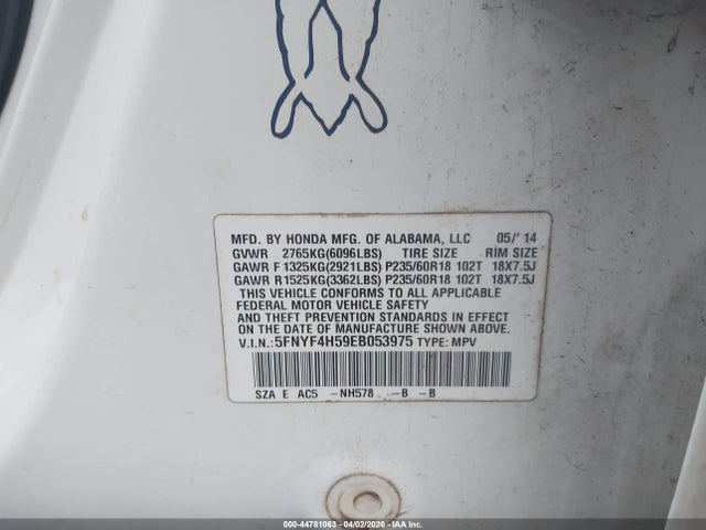 44781063 :رقم المزاد ، 5FNYF4H59EB053975 vin ، 2014 Honda Pilot Ex-l مزاد بيع