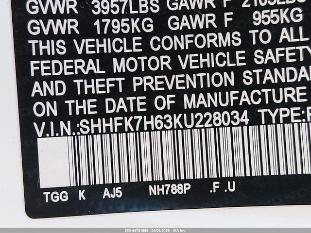 SHHFK7H63KU228034 Honda CIVIC EX