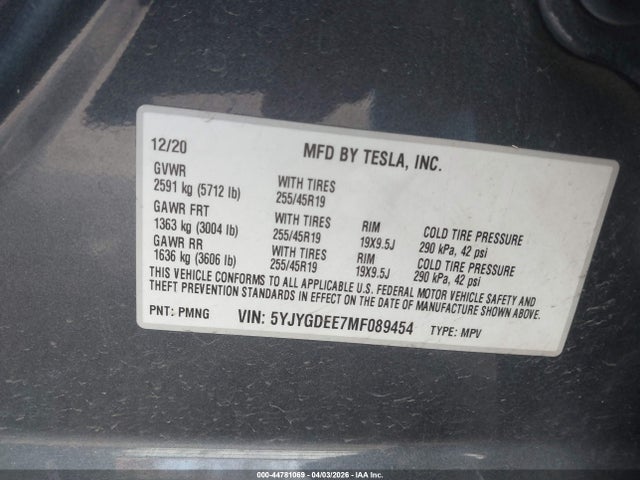 5YJYGDEE7MF089454 Tesla Model Y Long Range Dual Motor All-wheel Drive