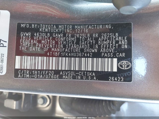 44781087 :رقم المزاد ، 4T1BF1FK4HU367442 vin ، 2017 Toyota Camry Se مزاد بيع