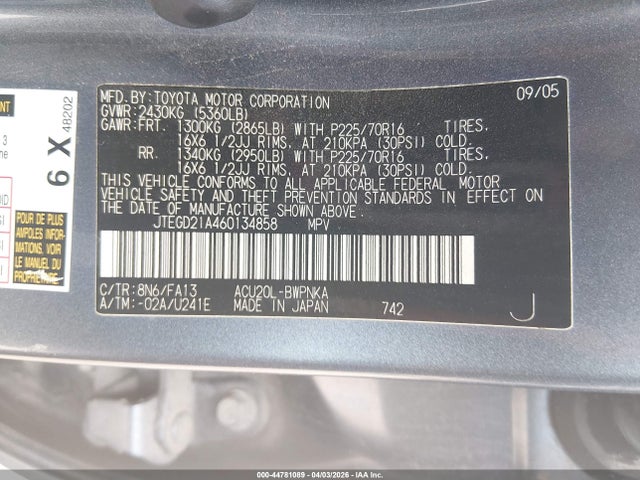 44781089 :رقم المزاد ، JTEGD21A460134858 vin ، 2006 Toyota Highlander مزاد بيع