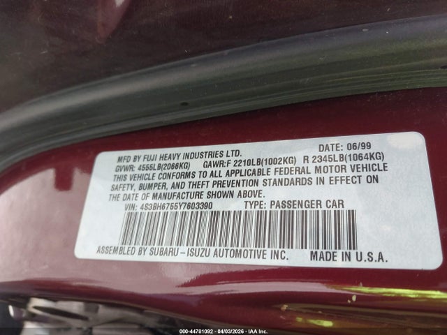 Продаж на аукціоні авто 2000 Subaru Outback, vin: 4S3BH6755Y7603390, номер лоту: 44781092