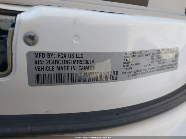 Aukcja sprzedaży 2021 Chrysler Voyager Lxi, vin: 2C4RC1DG1MR533014, numer aukcji: 44781093