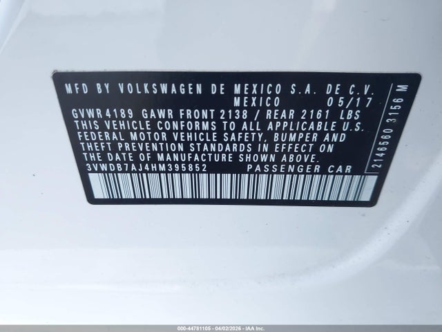44781105 :رقم المزاد ، 3VWDB7AJ4HM395852 vin ، 2017 Volkswagen Jetta 1.4t Se مزاد بيع