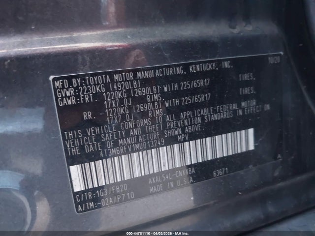 4T3M6RFV1MU013249 Toyota Rav4 Hybrid Le