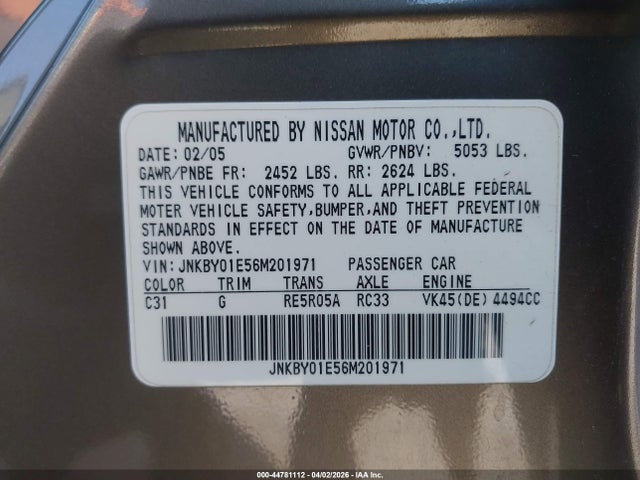2006 Infiniti M45 მანქანა იყიდება აუქციონზე, vin: JNKBY01E56M201971, აუქციონის ნომერი: 44781112
