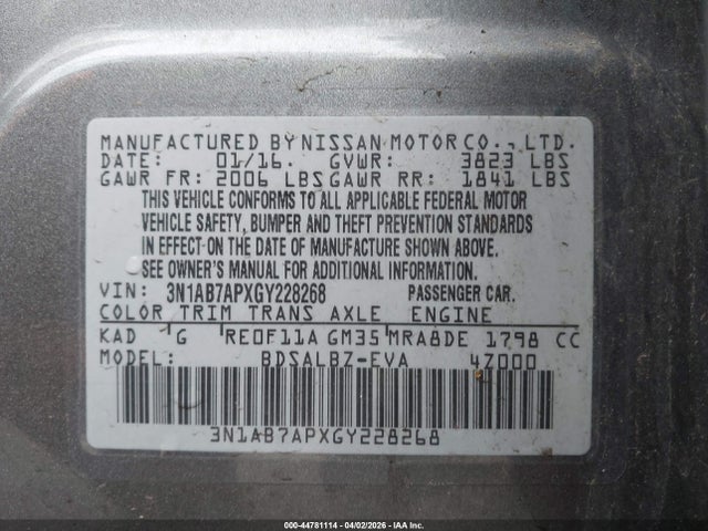 3N1AB7APXGY228268 Nissan SENTRA S