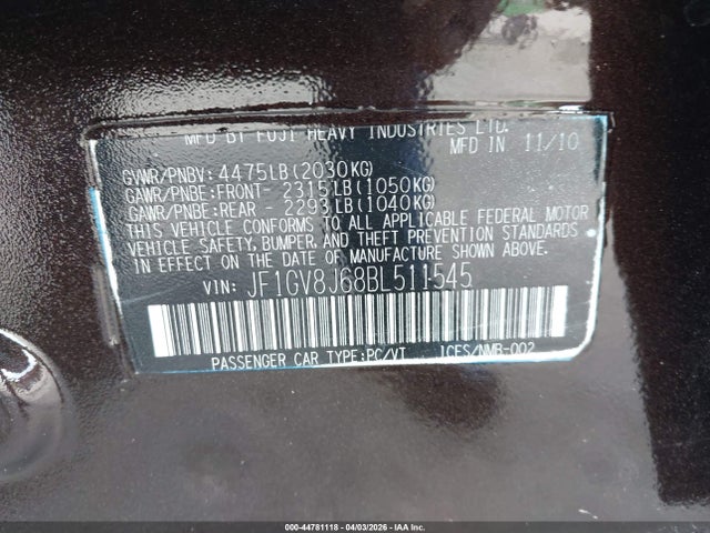 2011 Subaru Impreza Wrx Sti Limited მანქანა იყიდება აუქციონზე, vin: JF1GV8J68BL511545, აუქციონის ნომერი: 44781118