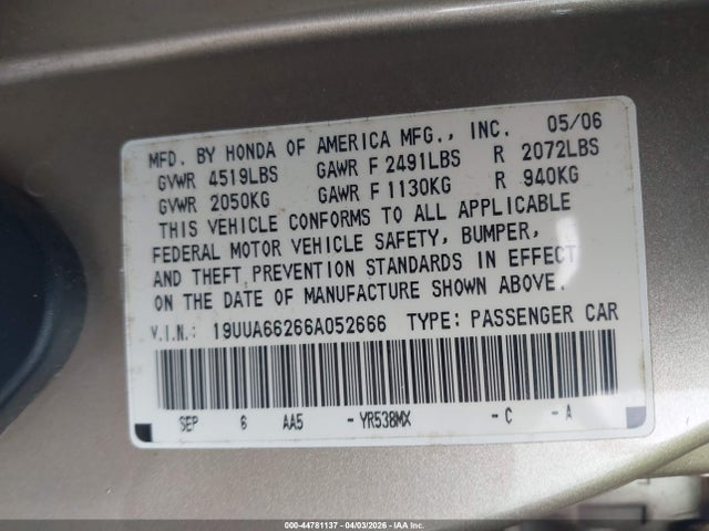 Продажа на аукционе авто 2006 Acura Tl, vin: 19UUA66266A052666, номер лота: 44781137
