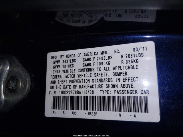 Продаж на аукціоні авто 2011 Honda Accord 2.4 Ex, vin: 1HGCP2F79BA118409, номер лоту: 44781149