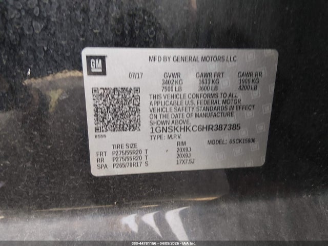Продажа на аукционе авто 2017 Chevrolet Suburban Lt, vin: 1GNSKHKC6HR387385, номер лота: 44781156