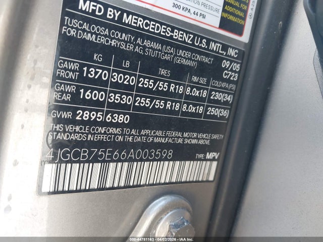 Продаж на аукціоні авто 2006 Mercedes-benz R 500 4matic, vin: 4JGCB75E66A003598, номер лоту: 44781163
